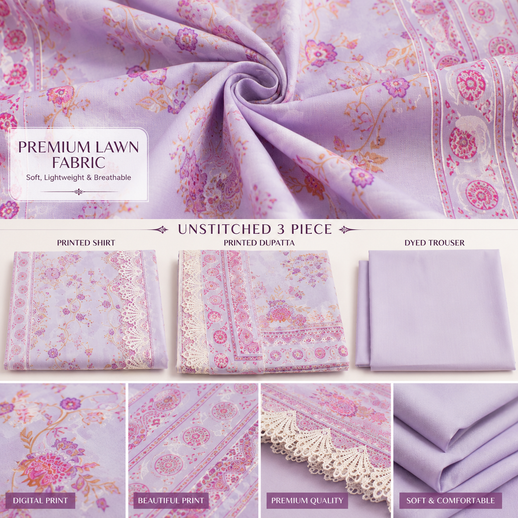 Lavender Bloom Premium Lawn – Unstitched 3 Piece Suit