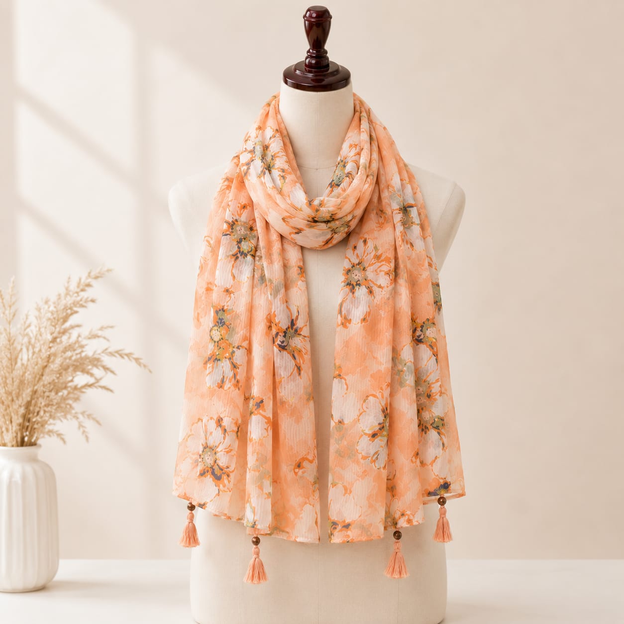 Peach Floral Tassel Stole